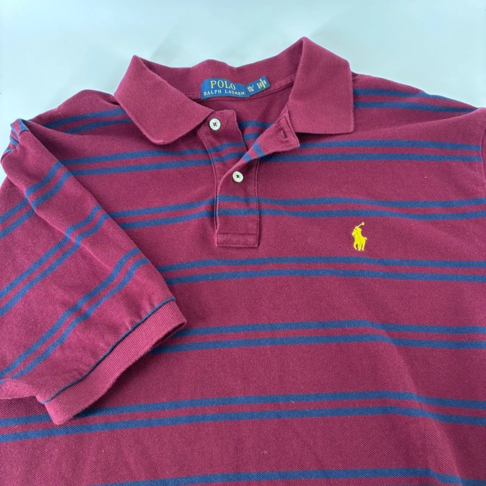 Polo Ralph Lauren Polo Shirt Mens XL Burgundy Navy Blue Striped Pique Pony Logo